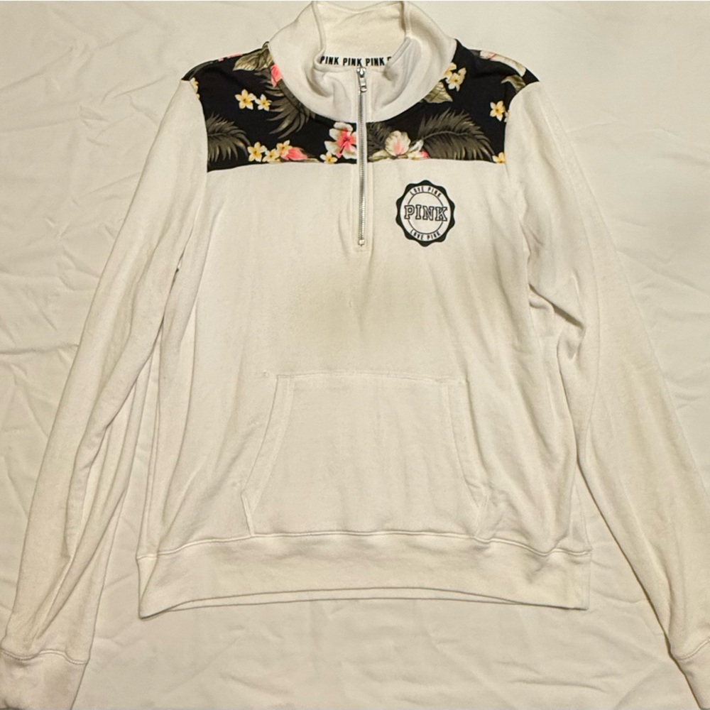 Victoria's Secret Pink White Zip-Up with Tropical Floral Design